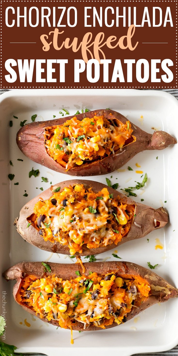 Chorizo Enchilada Stuffed Sweet Potatoes | Spicy chorizo, protein rich black beans, savory caramelized onions and sweet corn are added to these twice baked sweet potatoes, then topped with shredded cheese and broiled until melted. Perfect for a light dinner or lunch! | http://thechunkychef.com