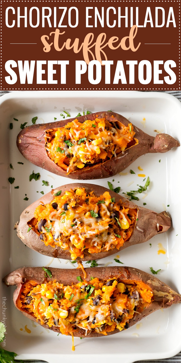 Chorizo Enchilada Stuffed Sweet Potatoes | Spicy chorizo, protein rich black beans, savory caramelized onions and sweet corn are added to these twice baked sweet potatoes, then topped with shredded cheese and broiled until melted. Perfect for a light dinner or lunch! | http://thechunkychef.com