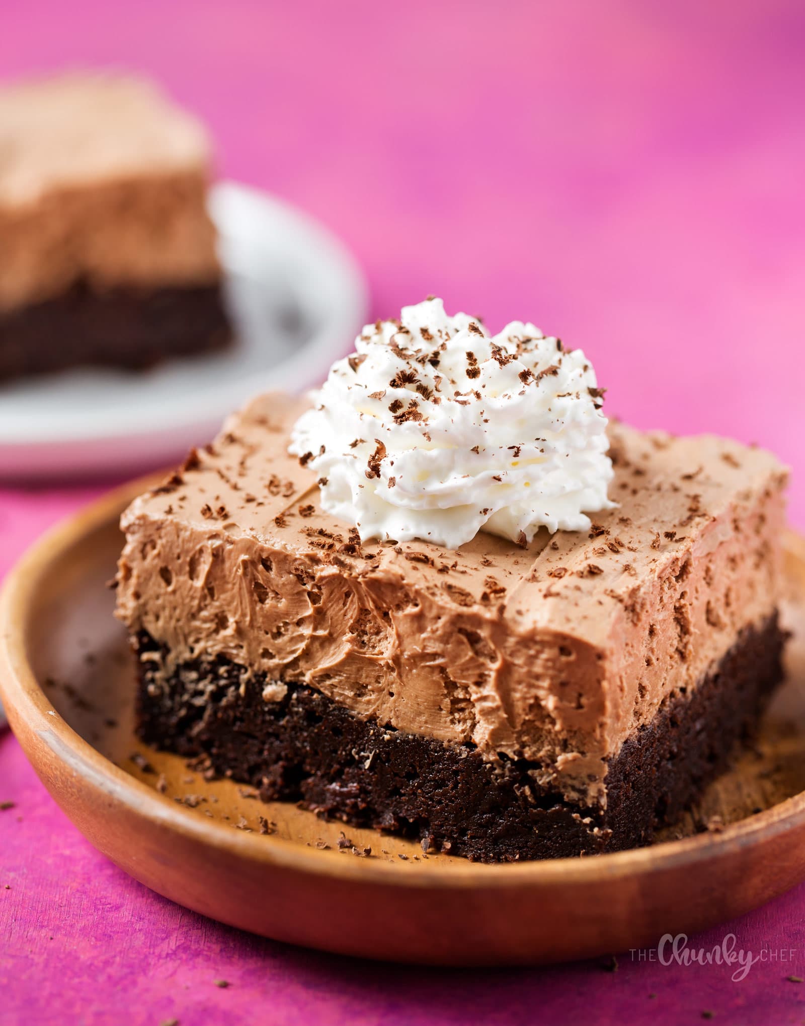 French Silk Pie Brownies | Fudgy brownies topped with a rich French silk pie filling, whipped cream and shaved chocolate... chocolate lovers, this dessert is for you! | http://thechunkychef.com