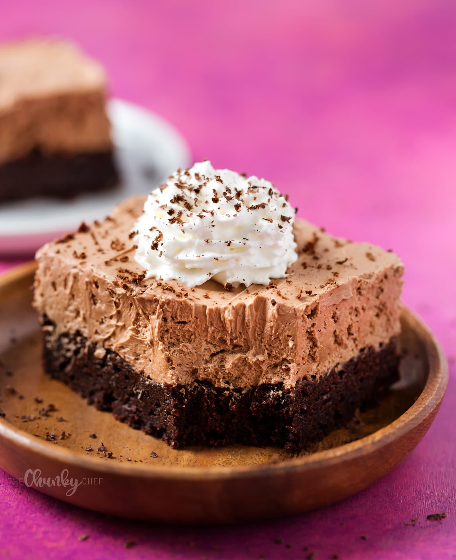 French Silk Pie Brownies | Fudgy brownies topped with a rich French silk pie filling, whipped cream and shaved chocolate... chocolate lovers, this dessert is for you! | http://thechunkychef.com