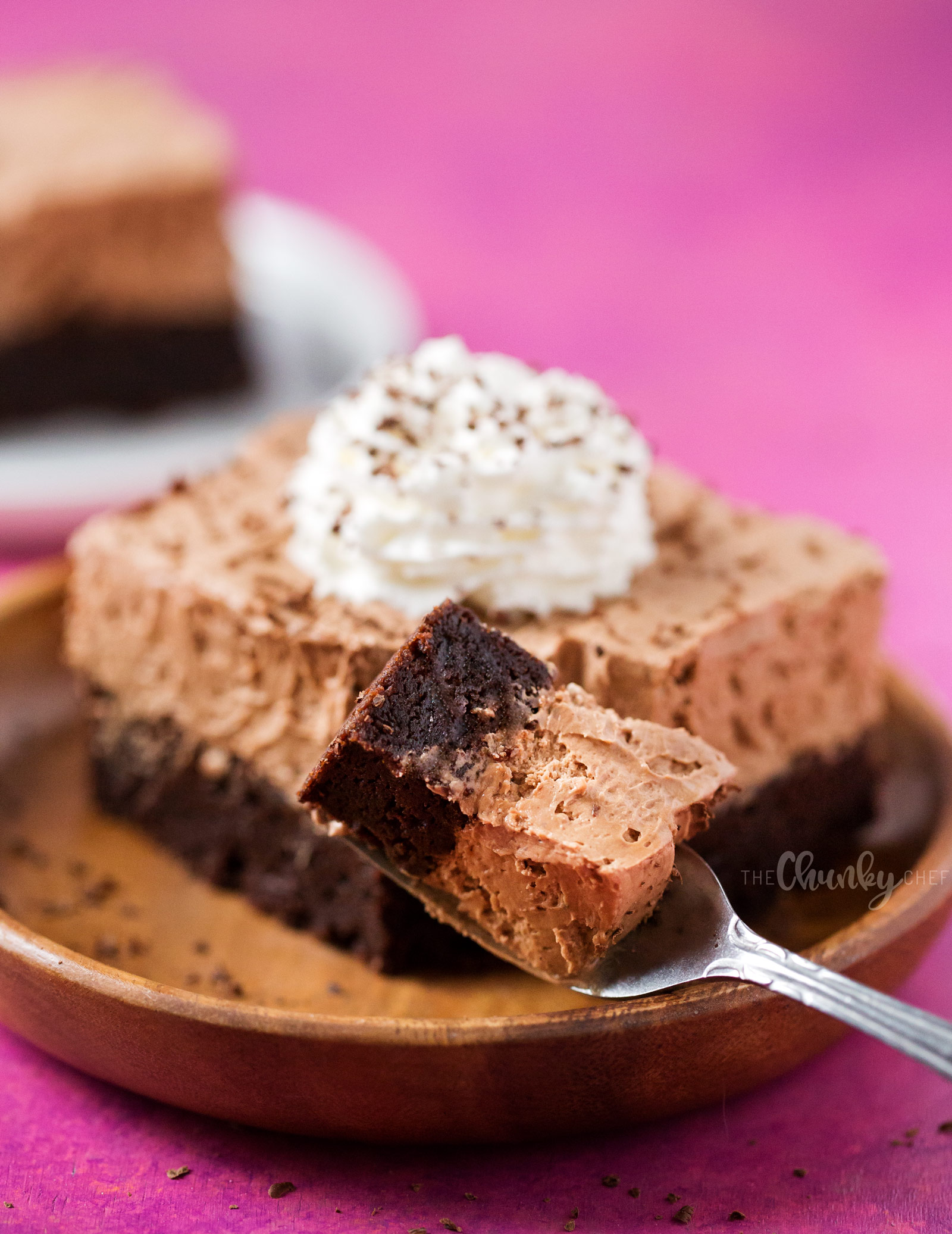 French Silk Pie Brownies | Fudgy brownies topped with a rich French silk pie filling, whipped cream and shaved chocolate... chocolate lovers, this dessert is for you! | http://thechunkychef.com