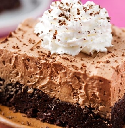 French Silk Pie Brownies | Fudgy brownies topped with a rich French silk pie filling, whipped cream and shaved chocolate... chocolate lovers, this dessert is for you! | http://thechunkychef.com