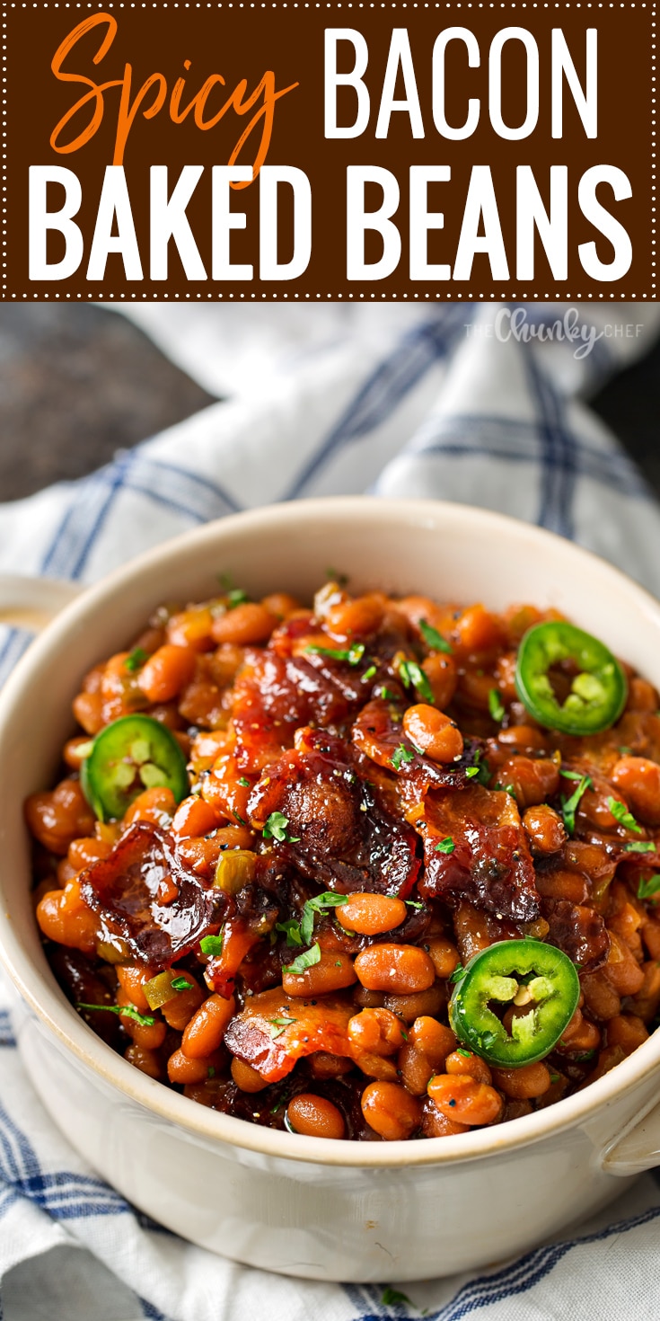 Spicy Baked Beans with Bacon | Perfect for cookouts or summer BBQ's, these baked beans with bacon have a mouthwatering spicy kick from jalapeños that make for an unforgettable side dish! | http://thechunkychef.com