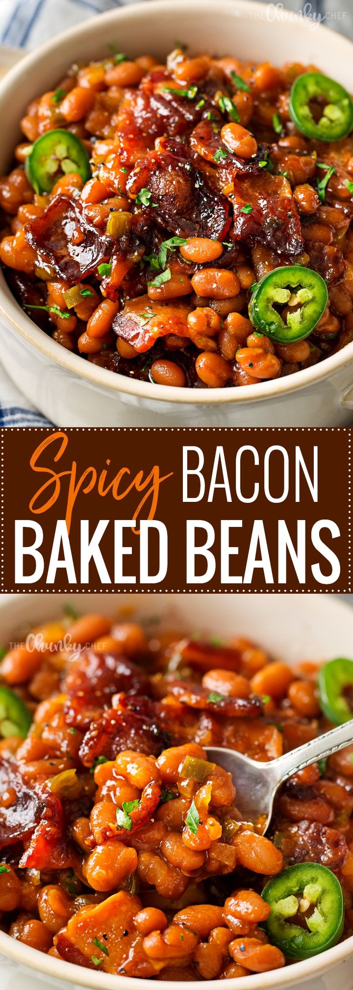 Spicy Baked Beans with Bacon | Perfect for cookouts or summer BBQ's, these baked beans with bacon have a mouthwatering spicy kick from jalapeños that make for an unforgettable side dish! | http://thechunkychef.com