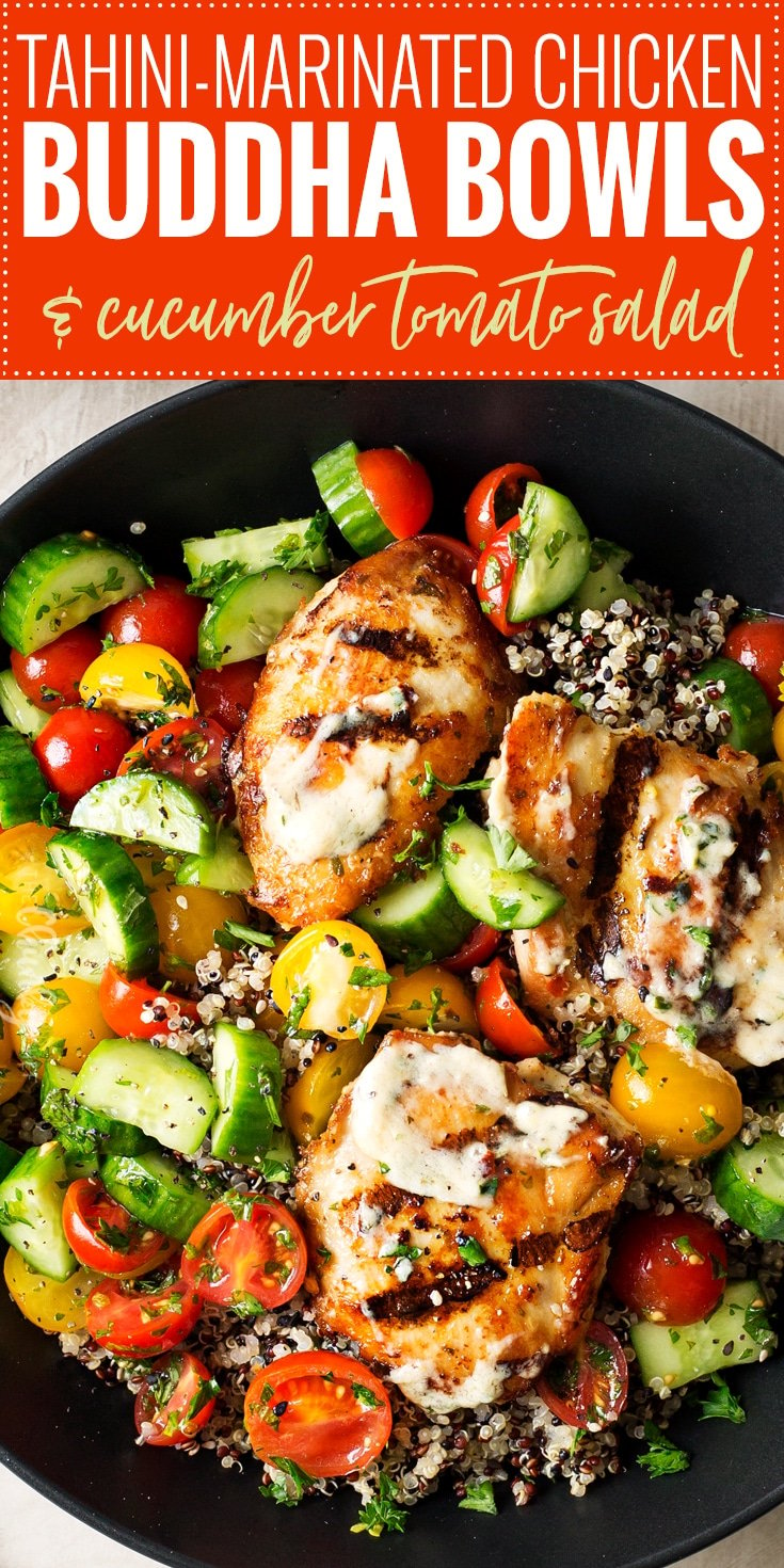 Tahini Marinated Chicken Buddha Bowl | Healthy, delicious, and easy to make... these buddha bowls are the perfect dinner or lunch! You'll love the tahini marinade that doubles as a sauce! | http://thechunkychef.com