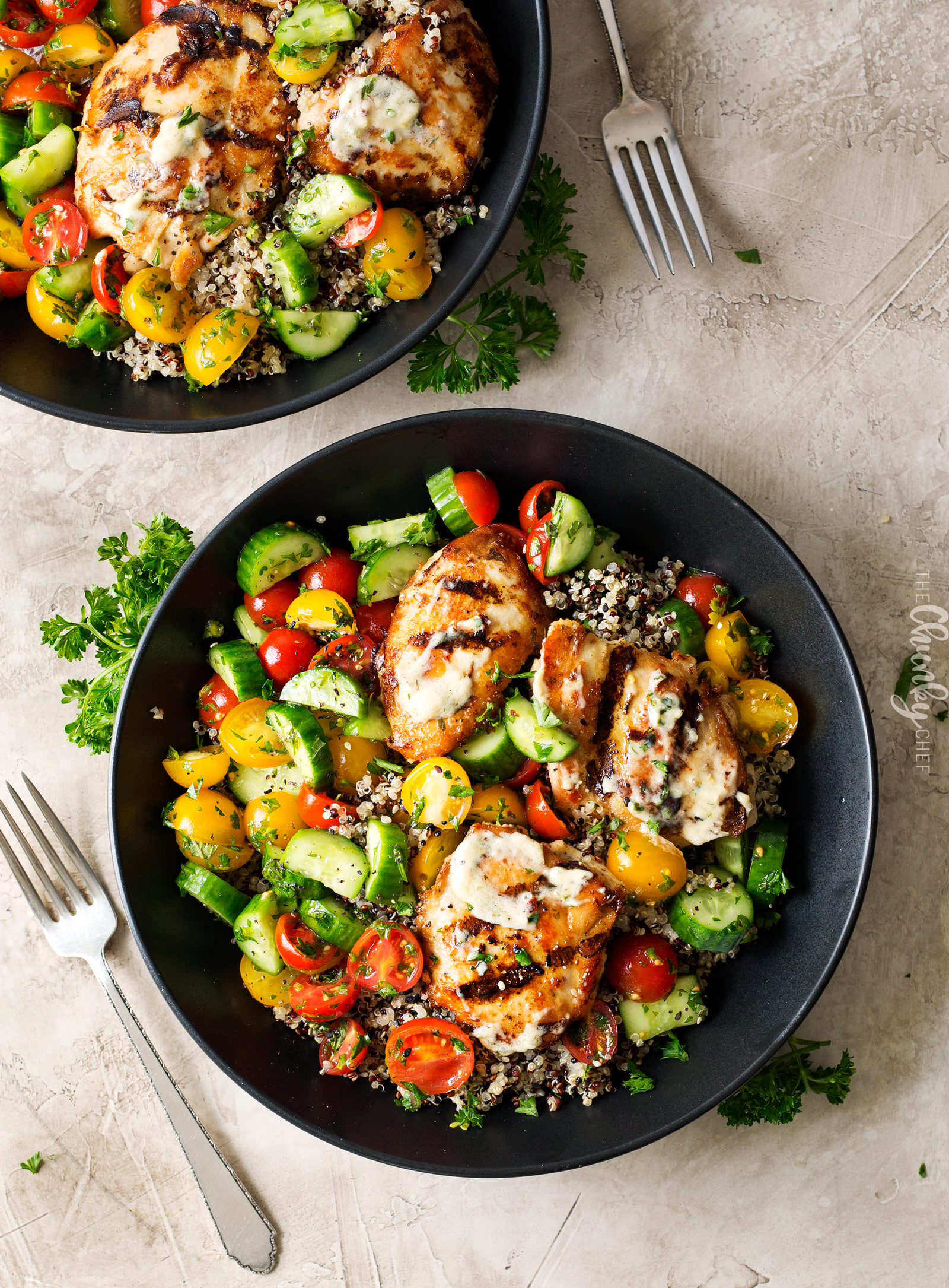 Tahini Marinated Chicken Buddha Bowl | Healthy, delicious, and easy to make... these buddha bowls are the perfect dinner or lunch! You'll love the tahini marinade that doubles as a sauce! | http://thechunkychef.com