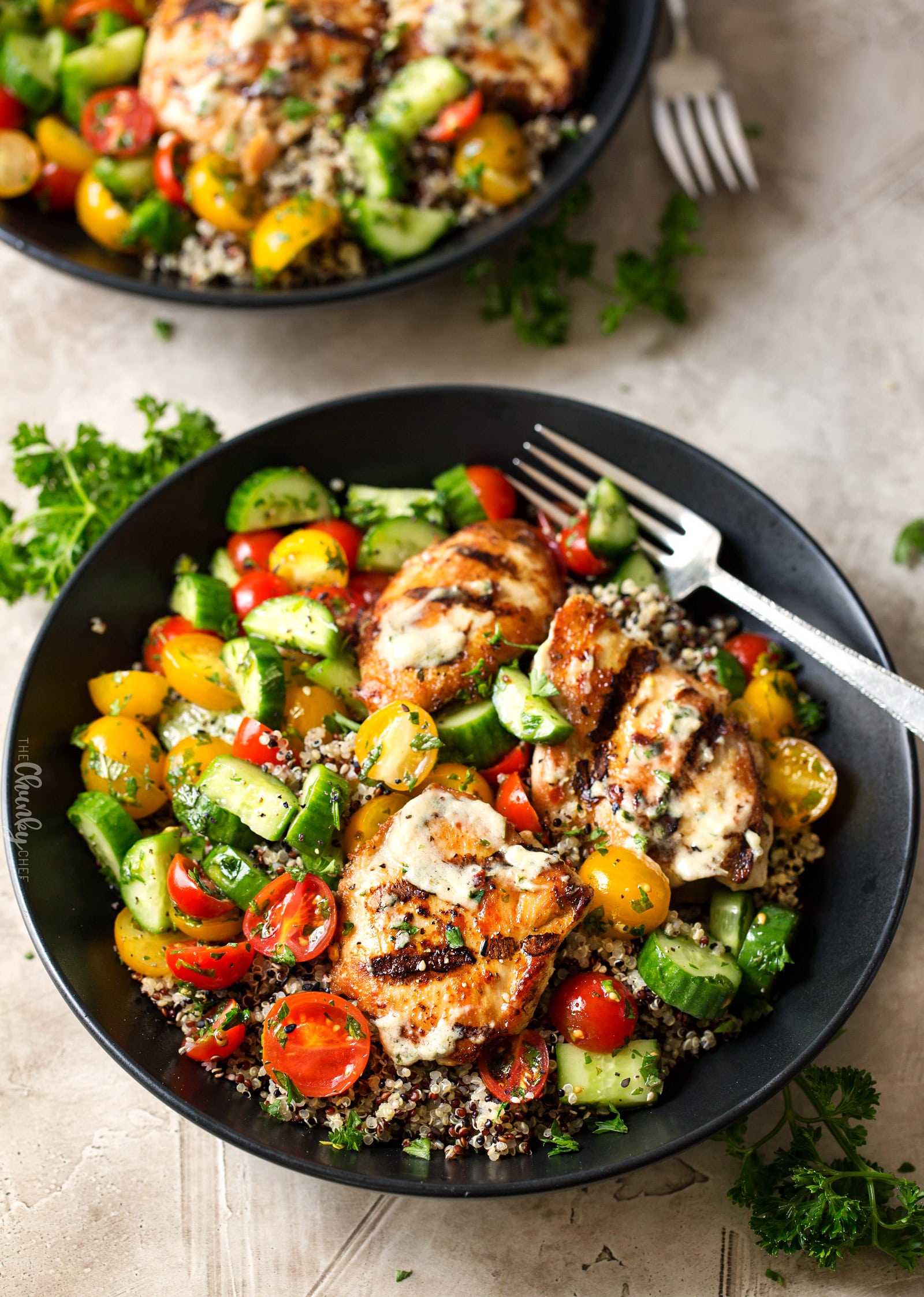 Tahini Marinated Chicken Buddha Bowl | Healthy, delicious, and easy to make... these buddha bowls are the perfect dinner or lunch! You'll love the tahini marinade that doubles as a sauce! | http://thechunkychef.com