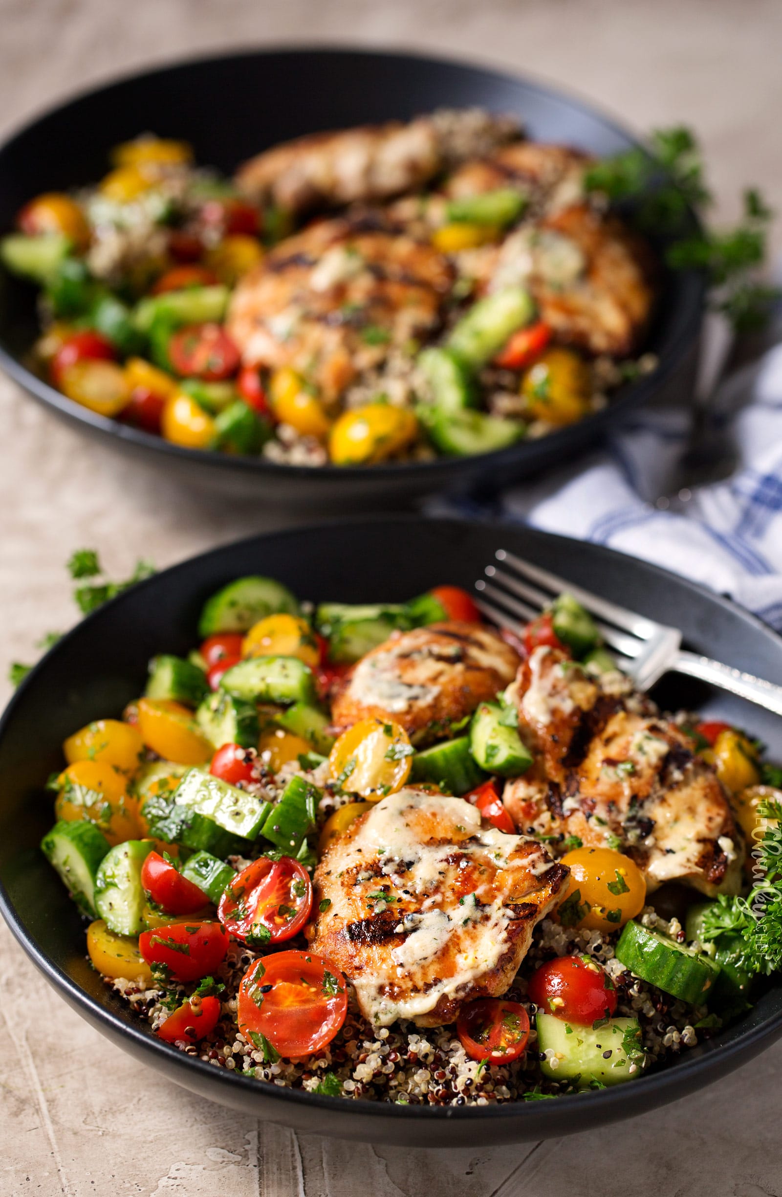 Tahini Marinated Chicken Buddha Bowl | Healthy, delicious, and easy to make... these buddha bowls are the perfect dinner or lunch! You'll love the tahini marinade that doubles as a sauce! | http://thechunkychef.com