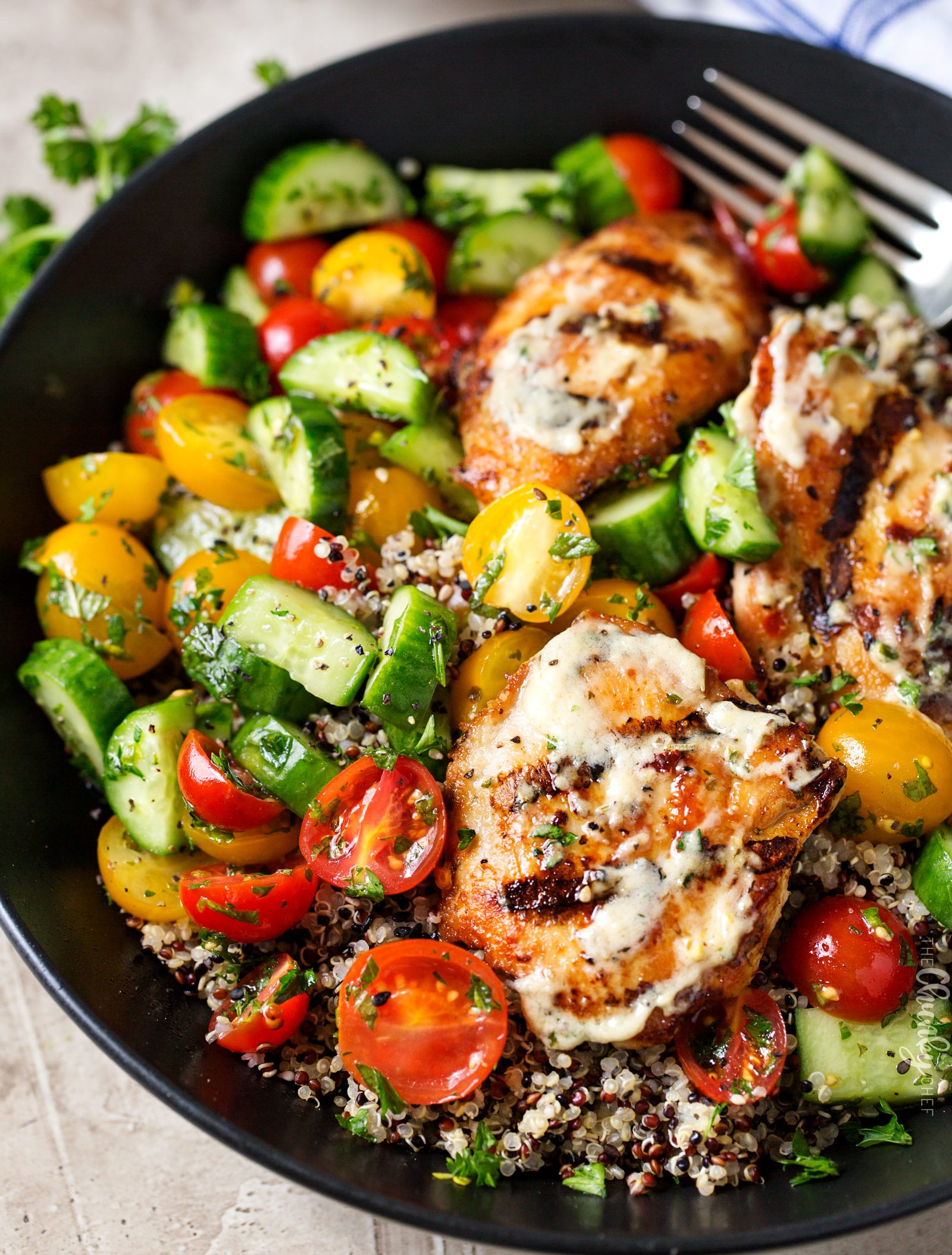 Tahini Marinated Chicken Buddha Bowl | Healthy, delicious, and easy to make... these buddha bowls are the perfect dinner or lunch! You'll love the tahini marinade that doubles as a sauce! | http://thechunkychef.com