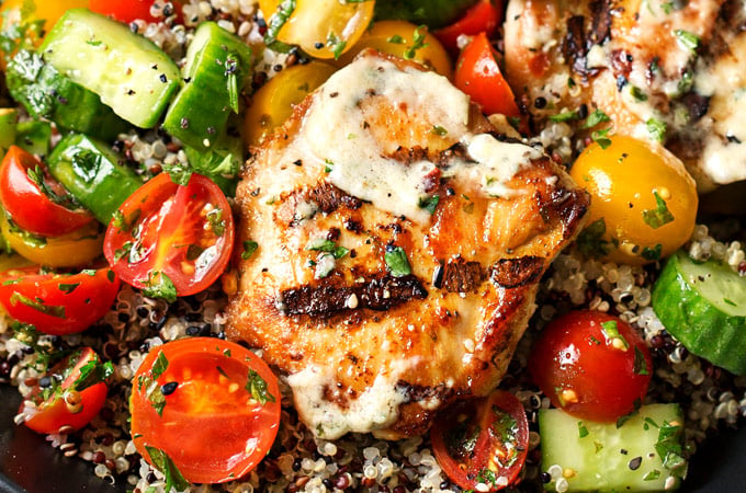 Tahini Marinated Chicken Buddha Bowl | Healthy, delicious, and easy to make... these buddha bowls are the perfect dinner or lunch! You'll love the tahini marinade that doubles as a sauce! | http://thechunkychef.com