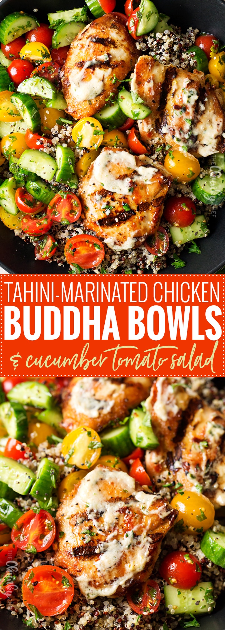 Tahini Marinated Chicken Buddha Bowl | Healthy, delicious, and easy to make... these buddha bowls are the perfect dinner or lunch! You'll love the tahini marinade that doubles as a sauce! | http://thechunkychef.com