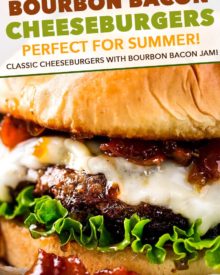 pinterest image for bourbon bacon cheeseburgers