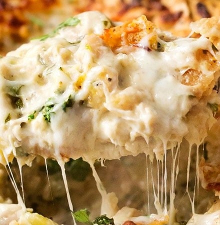 Cheesy Chicken Tortilla Casserole | A rotisserie chicken, creamy salsa verde sauce, plenty of gooey cheese and crunchy tortilla chips... it's the perfect casserole that's easy to prep ahead for a weeknight dinner! | http://thechunkychef.com