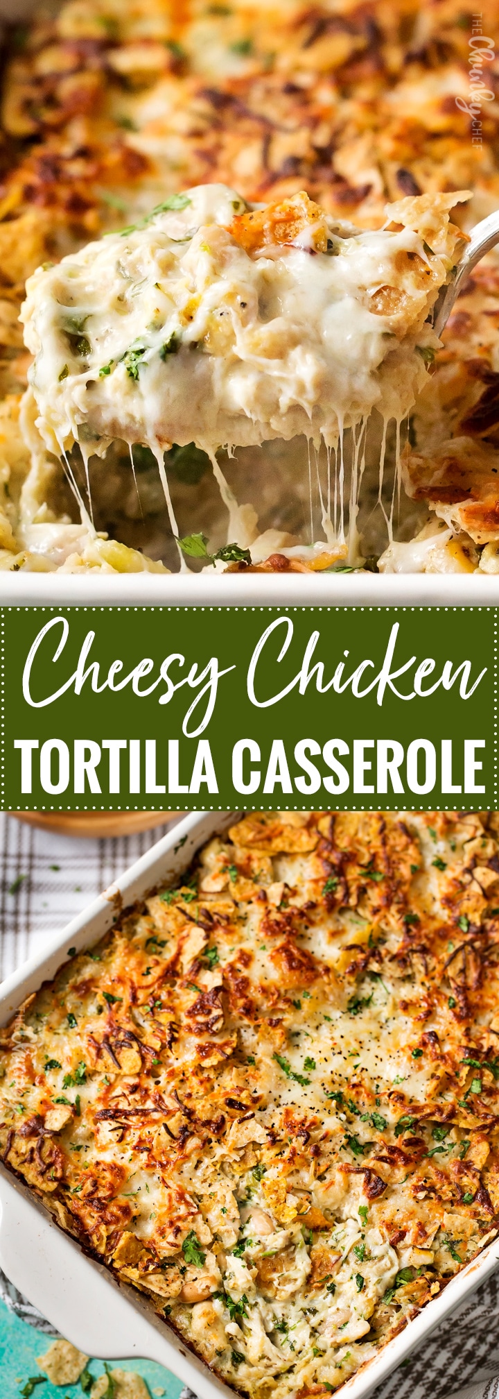 Cheesy Chicken Tortilla Casserole | A rotisserie chicken, creamy salsa verde sauce, plenty of gooey cheese and crunchy tortilla chips... it's the perfect casserole that's easy to prep ahead for a weeknight dinner! | http://thechunkychef.com
