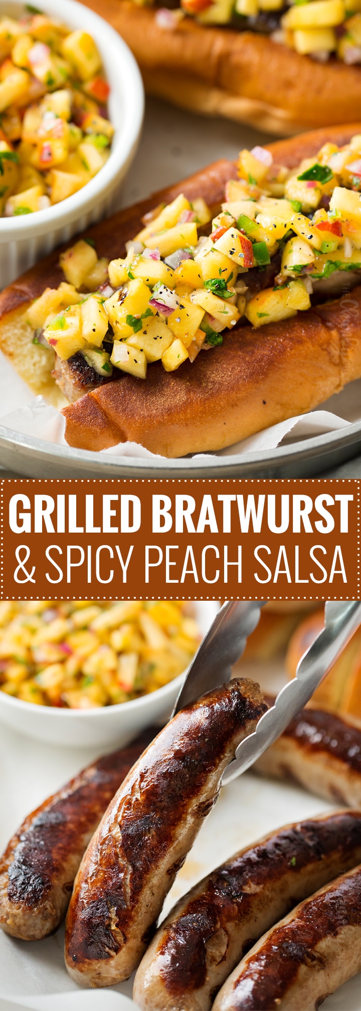 Grilled Bratwurst with Spicy Peach Salsa | No more boring brat toppings here... serve up your traditional grilled beer brats with this habanero peach salsa and prepare to be amazed!  Plus, tips for how to serve these brats when grilling isn't an option. | http://thechunkychef.com