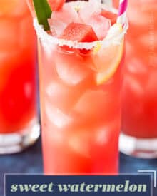 Cool down with the ultimate summer drink… watermelon lemonade! Pureed fresh summer watermelon and pineapple juice is mixed with refreshing lemonade, then topped off with a sugared rim and a few garnishes. Great to make ahead and sip on a hot and humid day!