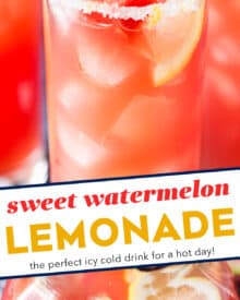 Cool down with the ultimate summer drink… watermelon lemonade! Pureed fresh summer watermelon and pineapple juice is mixed with refreshing lemonade, then topped off with a sugared rim and a few garnishes. Great to make ahead and sip on a hot and humid day!