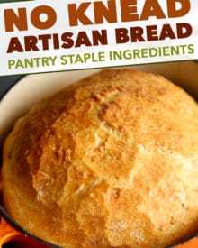 Homemade No Knead Bread is perfectly crusty on the outside, with a soft fluffy inside, and is made using regular pantry ingredients.  Perfect with a pat of butter! #bread #homemade #pantry #noknead #baked #artisan #quarantine