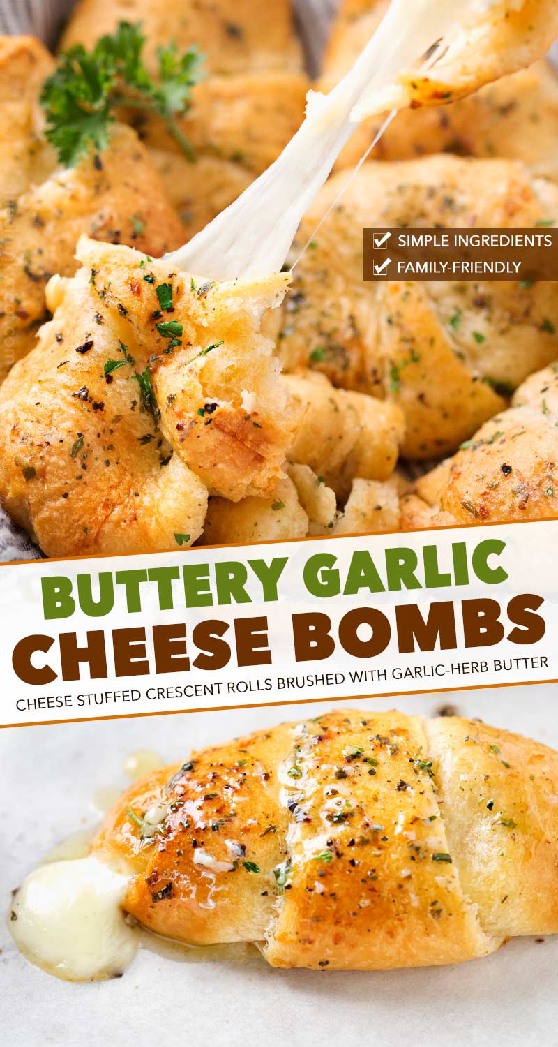 Soft, buttery crescent rolls are bursting with gooey mozzarella cheese, and brushed with an insanely flavorful garlic and herb butter!  Ready in less than 20 minutes! #garlic #cheese #crescent #rolls #cheesebombs #sidedish #bread #garlicbread