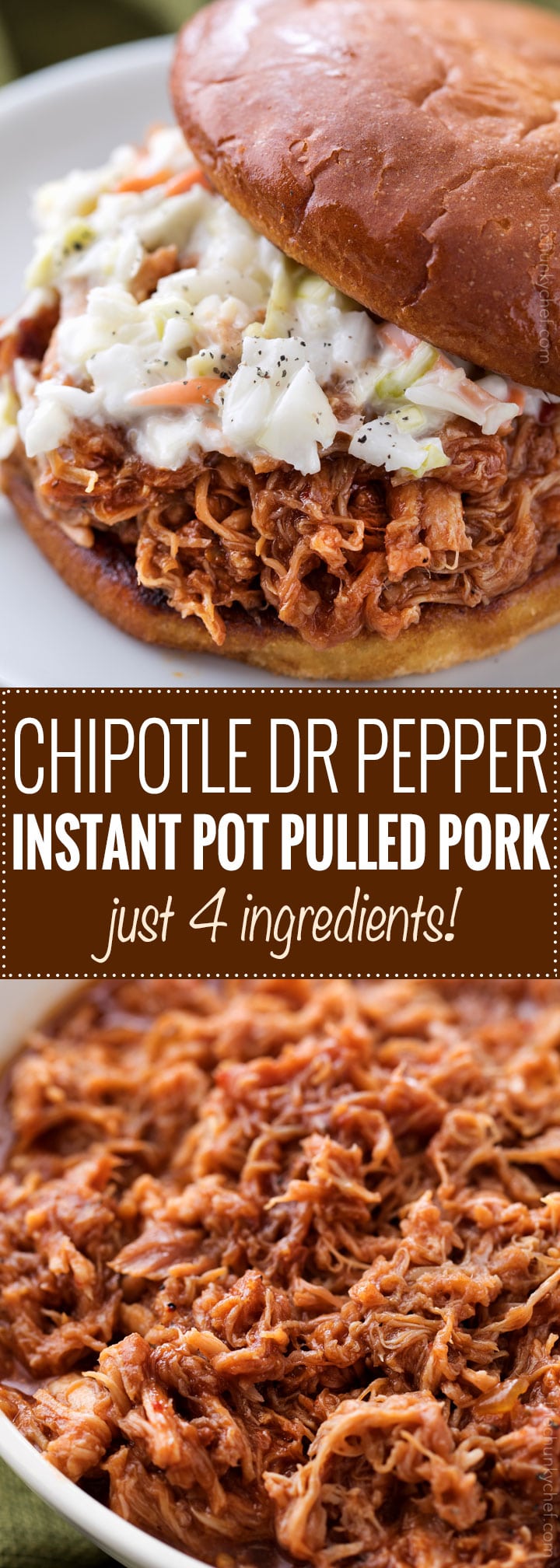 The most incredibly tender pulled pork, made easily in an hour in the Instant Pot!  With just 4 ingredients, it's perfect to throw together for dinner with minimal effort! | #pork #pulledpork #bbq #instantpot #pressurecookerrecipes #easyrecipe