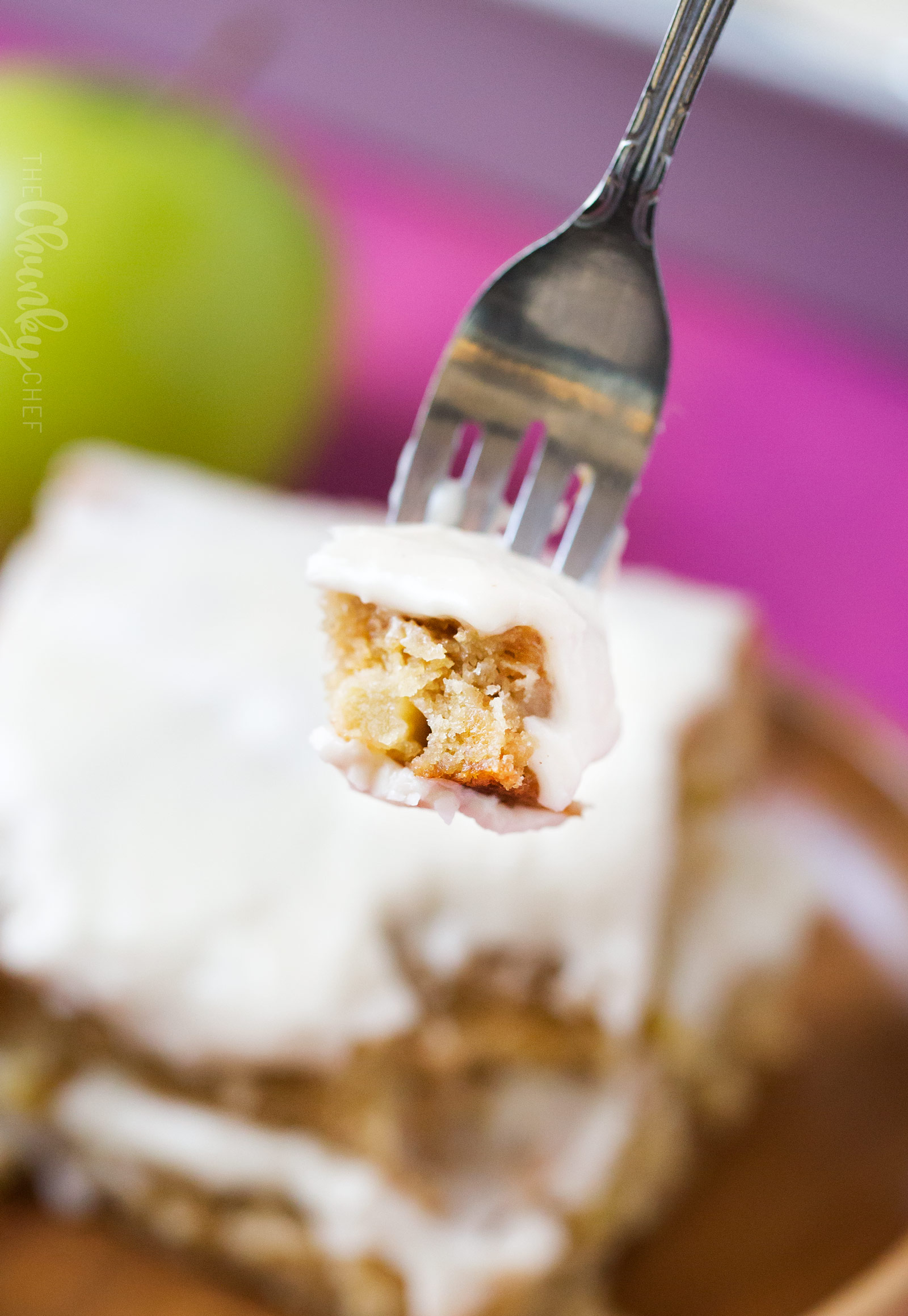 Maple Apple Blondie Recipe | These melt-in-your-mouth blondie bars made with crisp apples, maple syrup and cinnamon are a classic Fall dessert!  Topped with a maple cinnamon frosting, they're a must-try! | http://thechunkychef.com | blondie | apple | maple | bars | dessert | Fall | frosting