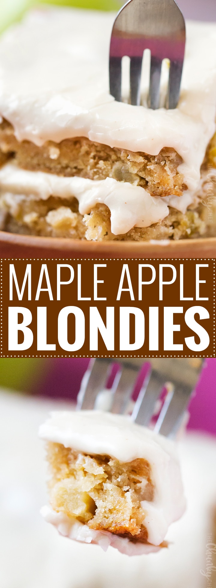 Maple Apple Blondie Recipe | These melt-in-your-mouth blondie bars made with crisp apples, maple syrup and cinnamon are a classic Fall dessert!  Topped with a maple cinnamon frosting, they're a must-try! | http://thechunkychef.com | blondie | apple | maple | bars | dessert | Fall | frosting