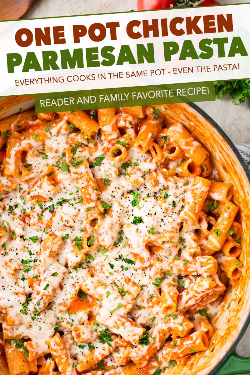 One Pot Chicken Parmesan Pasta | Great chicken parmesan flavors combine with pasta in this one pot meal that's ready in 30 minutes! #dinner #chicken #easyrecipe #weeknight #pasta #chickenparmesan