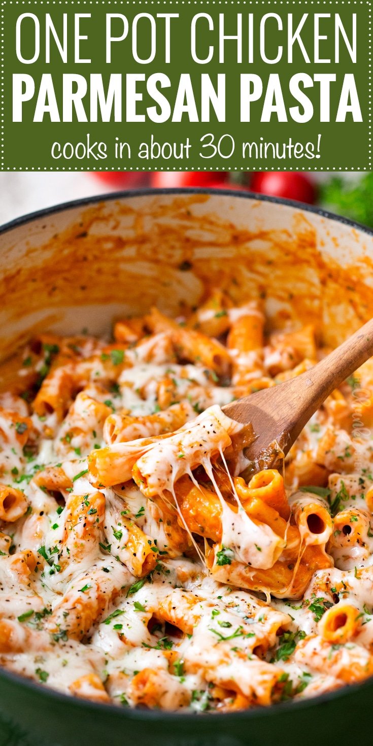 One Pot Chicken Parmesan Pasta | Great chicken parmesan flavors combine with pasta in this one pot meal that's ready in 30 minutes! | https://thechunkychef.com | #dinner #chicken #easyrecipe #weeknight