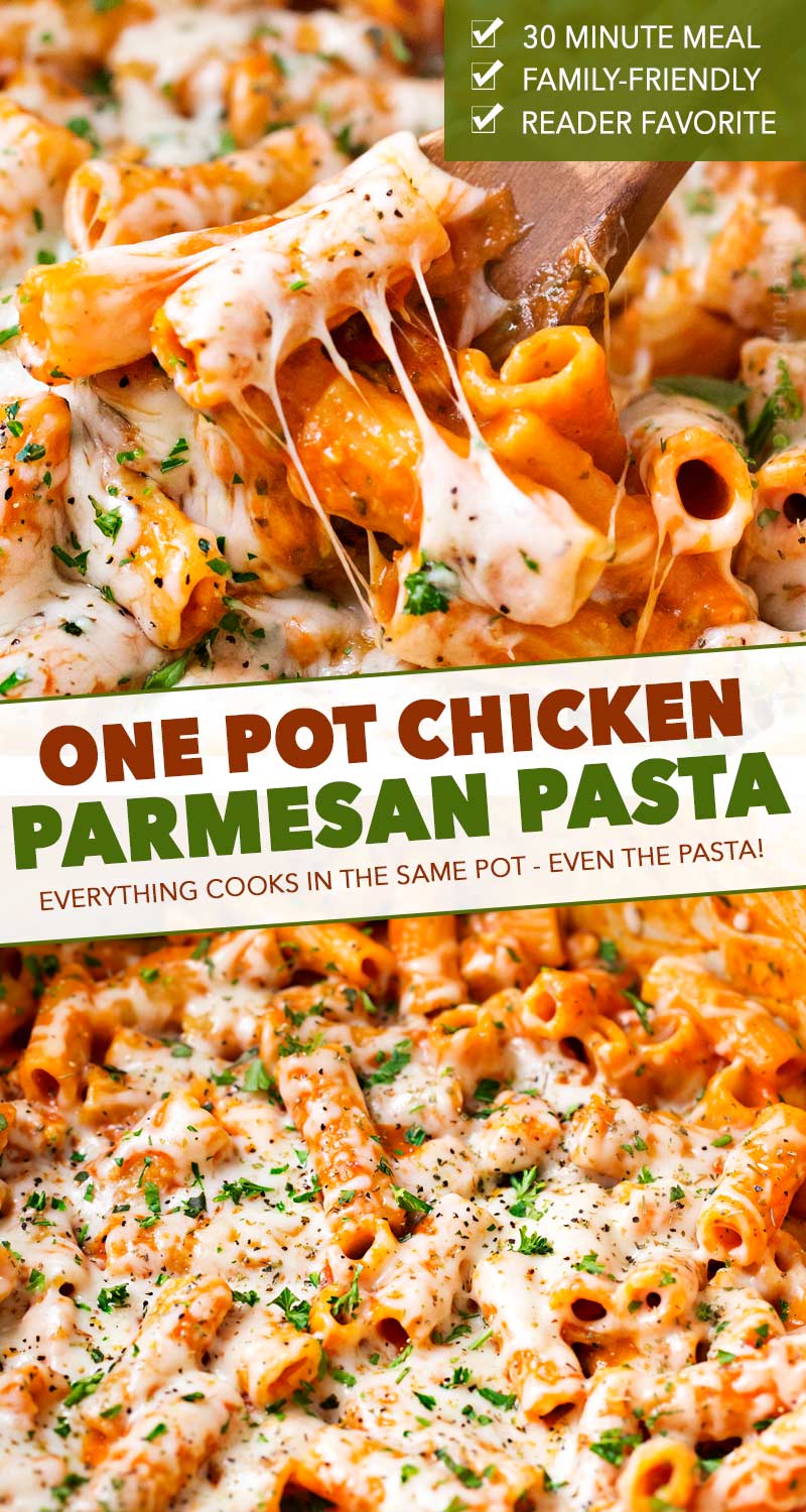 One Pot Chicken Parmesan Pasta | Great chicken parmesan flavors combine with pasta in this one pot meal that's ready in 30 minutes! #dinner #chicken #easyrecipe #weeknight #pasta #chickenparmesan