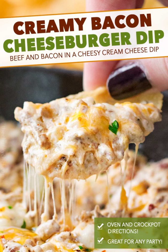 Creamy, cheesy, and oh so addicting, this bacon cheeseburger dip is just like your favorite gooey cheeseburger... but in a party-ready dip form! #bacon #gameday #cheesy #cheeseburger #party #appetizer #dip #easyrecipe