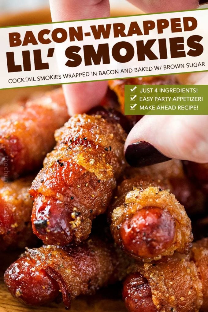 Classic cocktail smokies are wrapped in smoky bacon, coated with a spicy brown sugar rub, and baked until crispy and oh so addicting!  Perfect for game day, tailgating, a party, or a fun night at home! #partyfood #appetizer #gameday #lilsmokies #cocktailsmokies #cocktailweiners #bacon