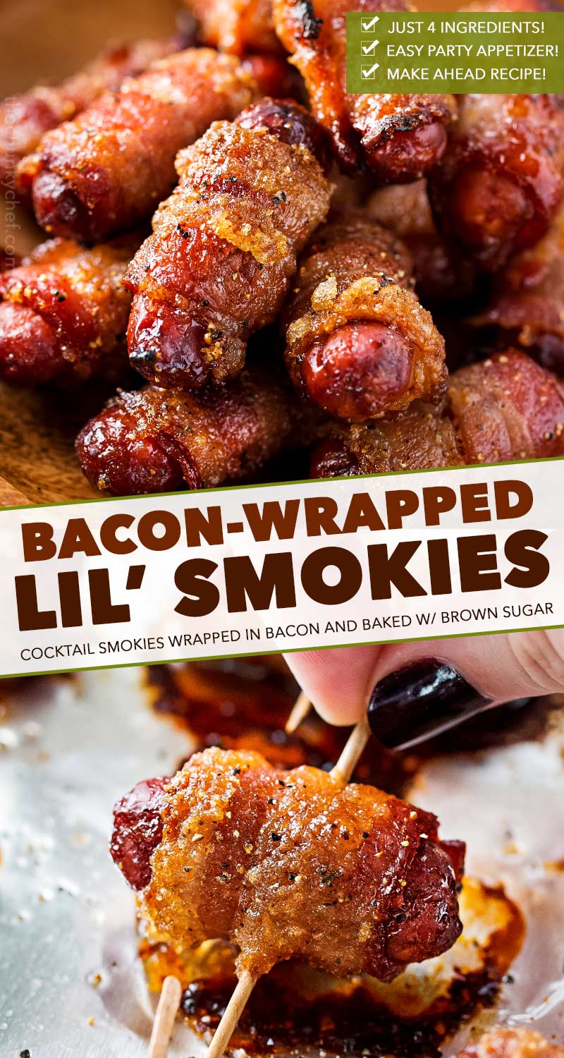 Classic cocktail smokies are wrapped in smoky bacon, coated with a spicy brown sugar rub, and baked until crispy and oh so addicting!  Perfect for game day, tailgating, a party, or a fun night at home! #partyfood #appetizer #gameday #lilsmokies #cocktailsmokies #cocktailweiners #bacon