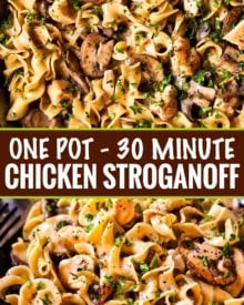 This budget-friendly Chicken Stroganoff is the perfect weeknight dinner recipe... ready in just 30 minutes, and made entirely in ONE POT! #stroganoff #chicken #onepotmeal #easyrecipe #weeknightmeal #chickenstroganoff #onepan #30minutemeal