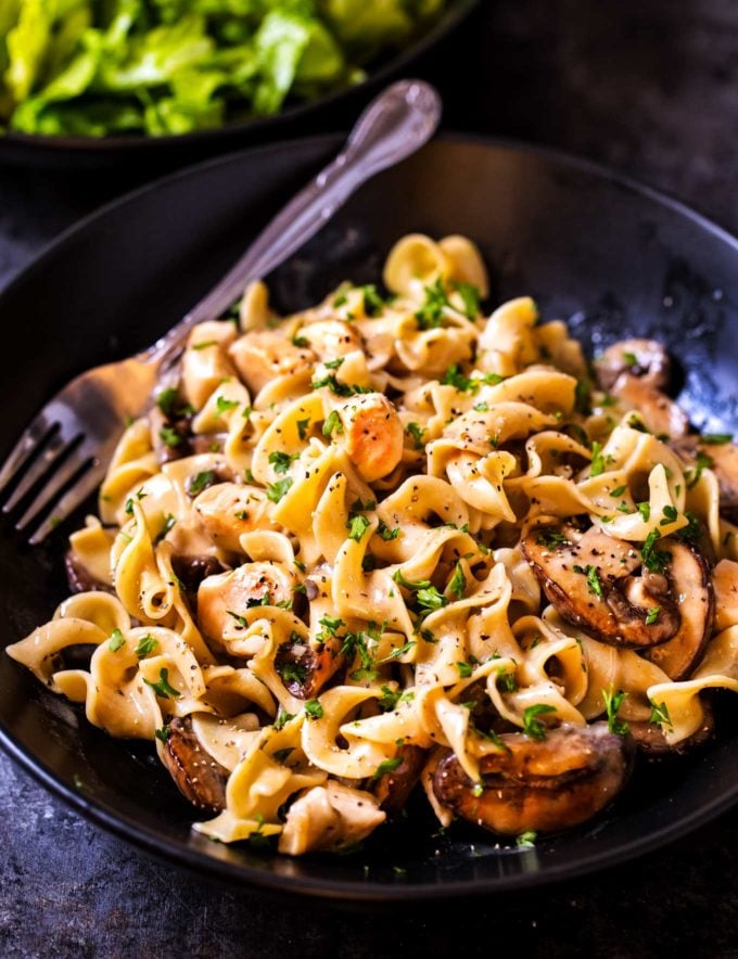 Serving of chicken stroganoff in bowl