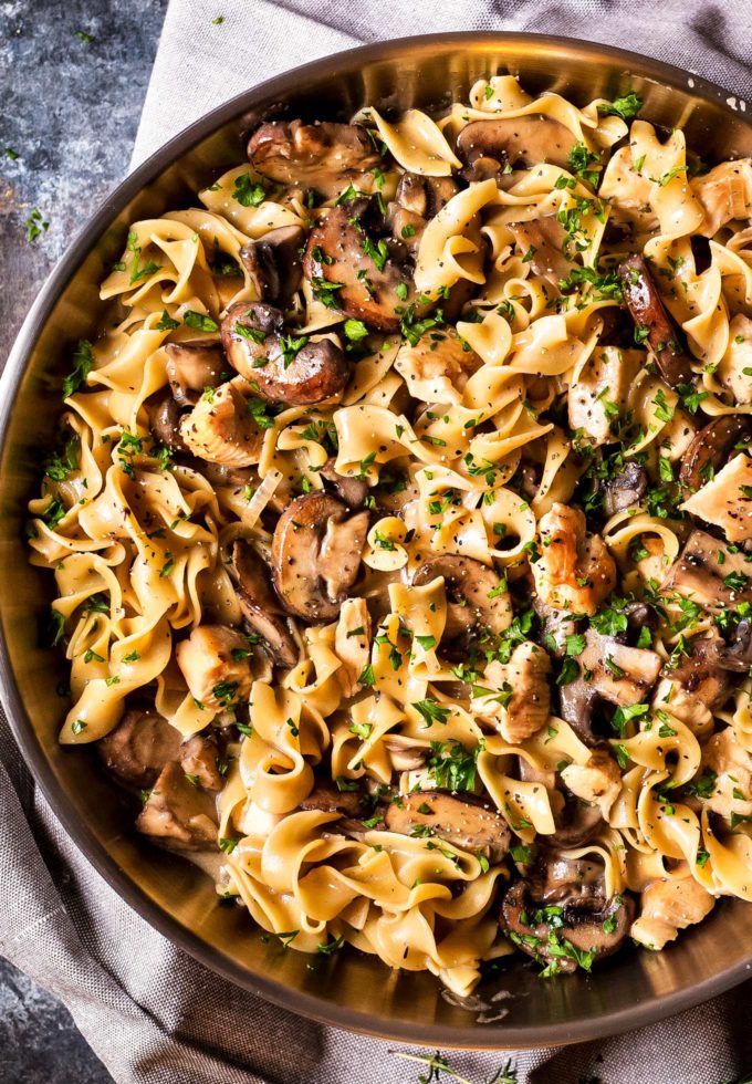 Chicken stroganoff in skillet