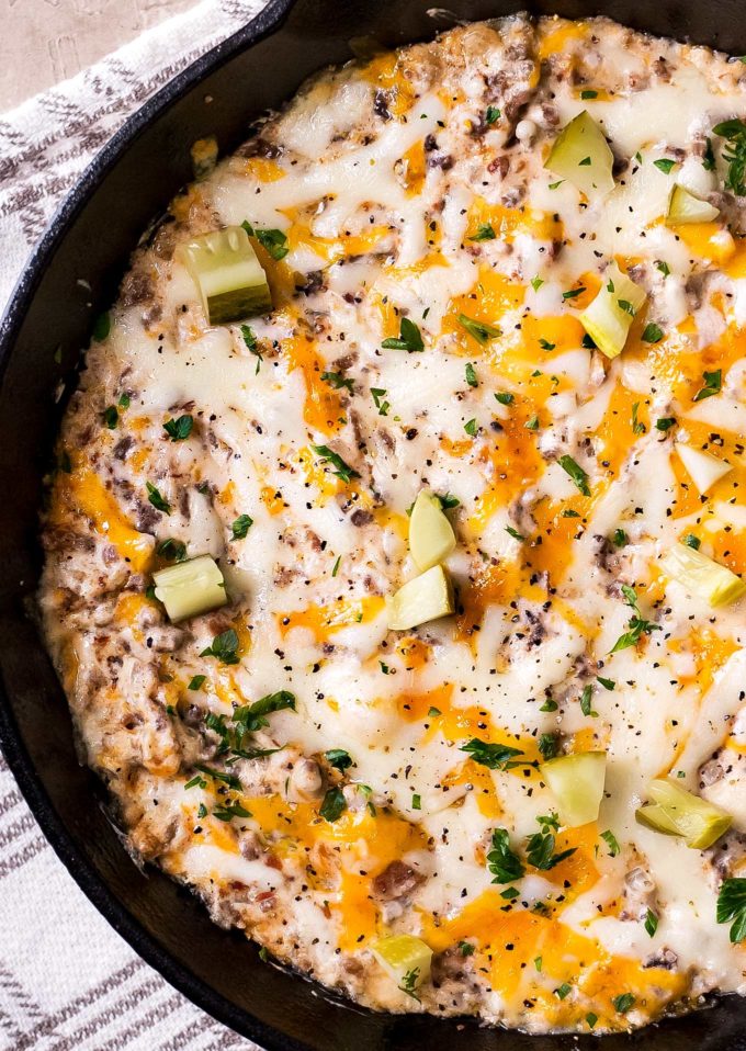 Bacon Cheeseburger Dip in skillet