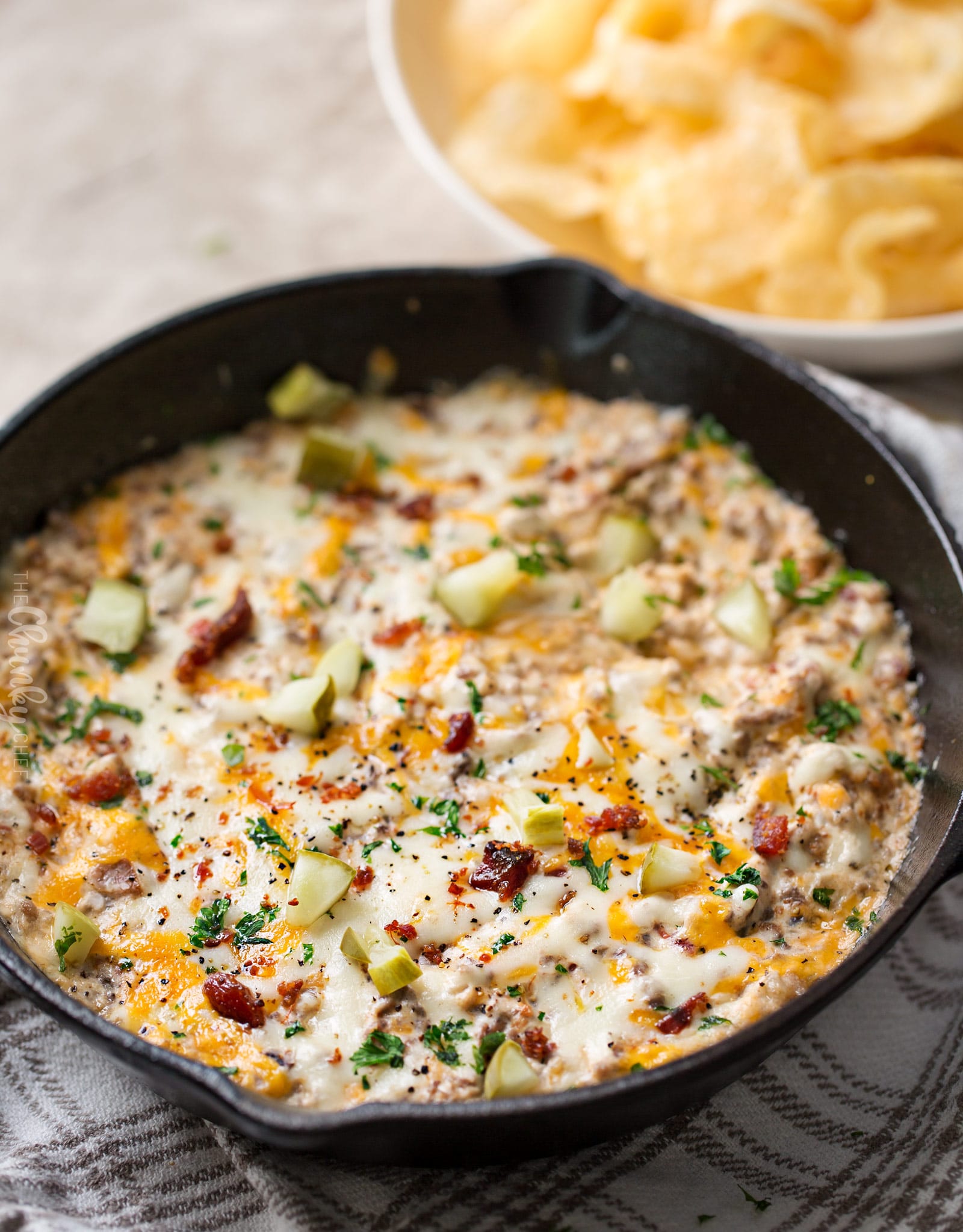 Creamy Skillet Bacon Cheeseburger Dip - The Chunky Chef