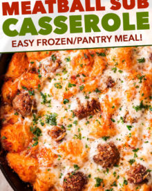This meatball sub casserole tastes amazing, is made with frozen/pantry ingredients, and is made in one pan! Sure to be a weeknight favorite with both kids and adults! #casserole #meatball #sub #bubbleup #onepan #comfortfood #dinner #easyrecipe #italian #pantrymeal