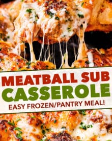 This meatball sub casserole tastes amazing, is made with frozen/pantry ingredients, and is made in one pan! Sure to be a weeknight favorite with both kids and adults! #casserole #meatball #sub #bubbleup #onepan #comfortfood #dinner #easyrecipe #italian #pantrymeal