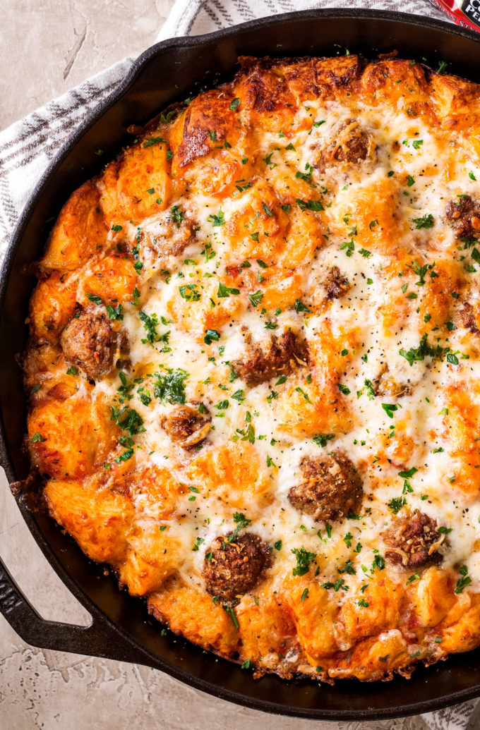 Overhead view of casserole in cast iron skillet