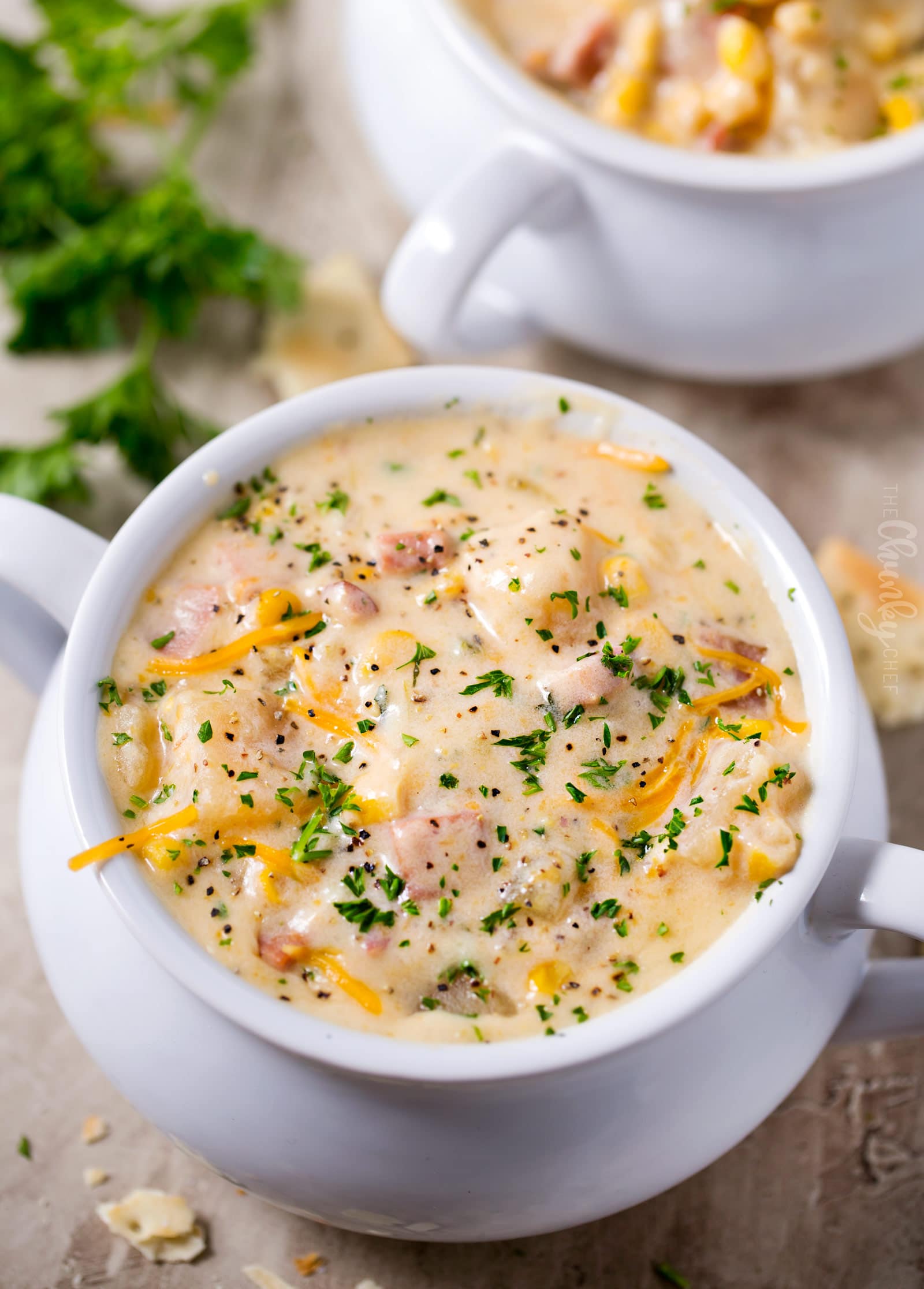 Slow Cooker Cheesy Ham Chowder | Creamy, cheesy and hearty, this slow cooker ham chowder is the perfect way to use up any leftover ham!  Perfect for a busy weeknight meal! | https://www.thechunkychef.com | #chowder #soup #ham #leftover #slowcooker #crockpot