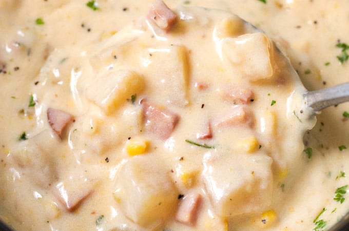 Slow Cooker Cheesy Ham Chowder | Creamy, cheesy and hearty, this slow cooker ham chowder is the perfect way to use up any leftover ham!  Perfect for a busy weeknight meal! | https://www.thechunkychef.com | #chowder #soup #ham #leftover #slowcooker #crockpot