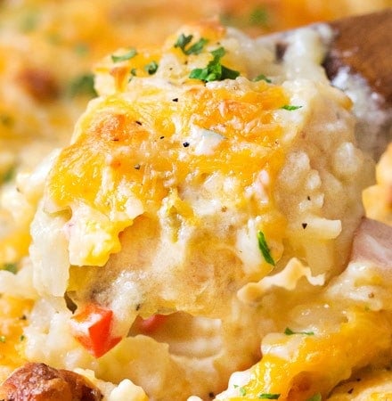 The Ultimate Hashbrown Casserole | This classic side or potluck dish is made with no "cream of" soups, and is perfect for any occasion! | https://www.thechunkychef.com | #side #dish #potluck #hashbrown #casserole #scratch