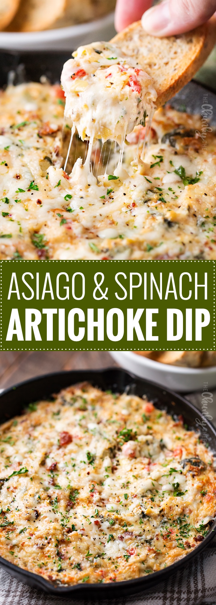 Asiago and Spinach Artichoke Dip | A classic party dish, this baked spinach and artichoke dip is made from scratch, using fresh ingredients, and still super easy to throw together! | https://www.thechunkychef.com | #partydip #hotdip #spinach #gameday #artichokedip