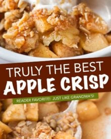 Old Fashioned Easy Apple Crisp | Chopped apples, cinnamon, brown sugar, and the best crispy oat topping, baked into the ultimate Fall dessert!  Top with a scoop of ice cream and salted caramel for the perfect treat! #applecrisp #oats #dessert #apples #fromscratch #easyrecipe