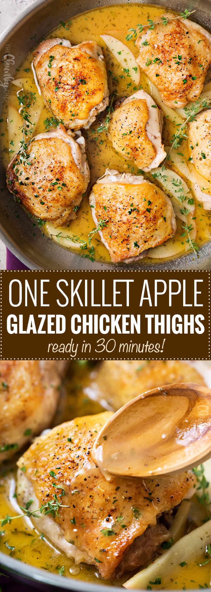 One Pan Apple Glazed Chicken Thighs | Crispy, yet juicy chicken thighs, cooked in a sweet apple and herb sauce, in one pan, and ready in just 30 minutes!  It's the perfect weeknight meal! | https://www.thechunkychef.com | #chickendinner #weeknightmeal #quickmeal #30minutemeal #apples #onepan #onepot