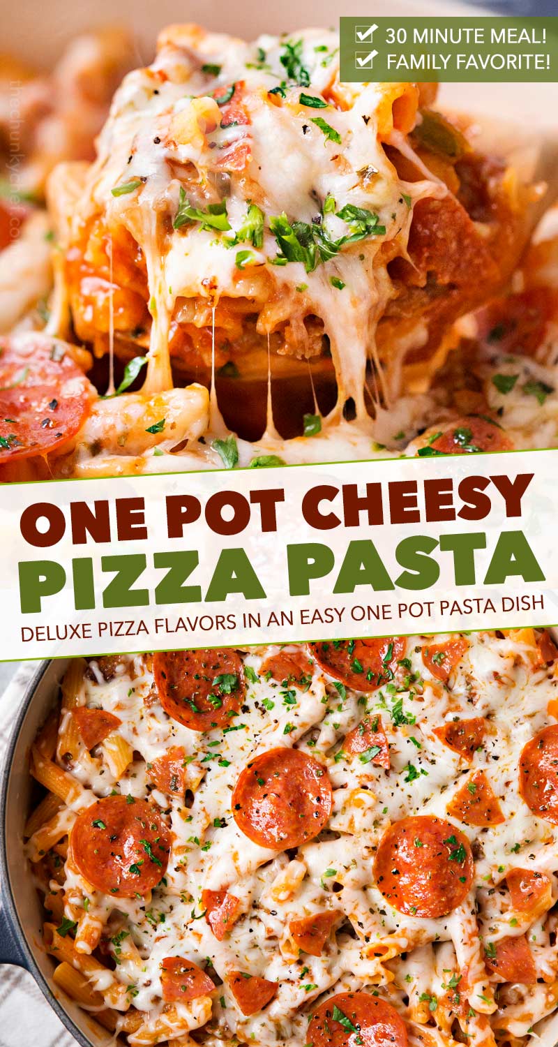 Everything you love about a deluxe pizza, in a kid-friendly pasta recipe, made in one pot, in just 30 minutes, and loaded with extra gooey cheese! #pasta #pizza #onepot #onepan #familyfriendly #easyrecipe #dinner #weeknightmeal #30minutemeal