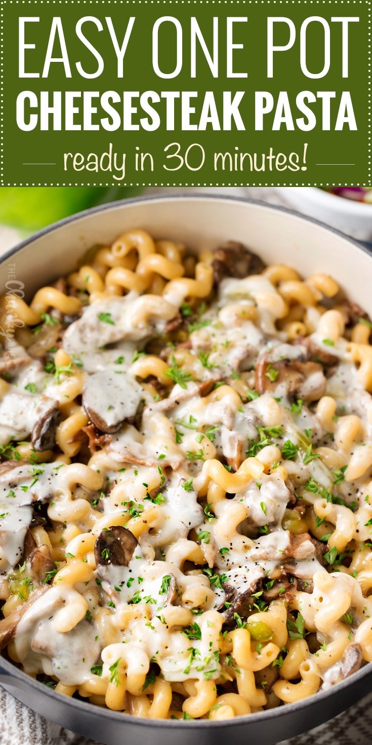 One Pot Philly Cheesesteak Pasta | Great Philly cheesesteak flavors are mixed with creamy pasta in this one pot meal that's ready in 30 minutes!  An easy dinner your family will love! | https://www.thechunkychef.com | #cheesesteak #pasta #onepot #easydinner #comfortfood