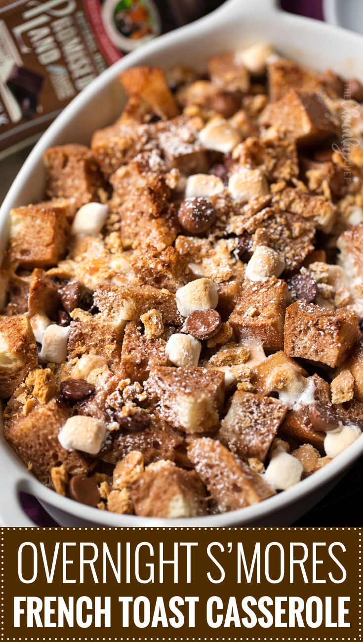 Overnight S'mores French Toast Casserole | Perfect for a holiday breakfast or brunch, sourdough bread is mixed with chocolate chips, marshmallows and graham crackers, then baked up into pure French toast perfection! | https://thechunkychef.com | #frenchtoast #breakfast #brunch #casserole