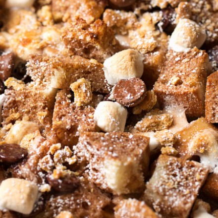 Overnight S'mores French Toast Casserole | Perfect for a holiday breakfast or brunch, sourdough bread is mixed with chocolate chips, marshmallows and graham crackers, then baked up into pure French toast perfection! | https://thechunkychef.com | #frenchtoast #breakfast #brunch #casserole